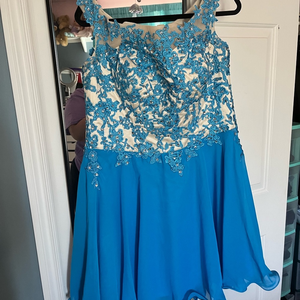 Blue off the shoulder homecoming dress with beads